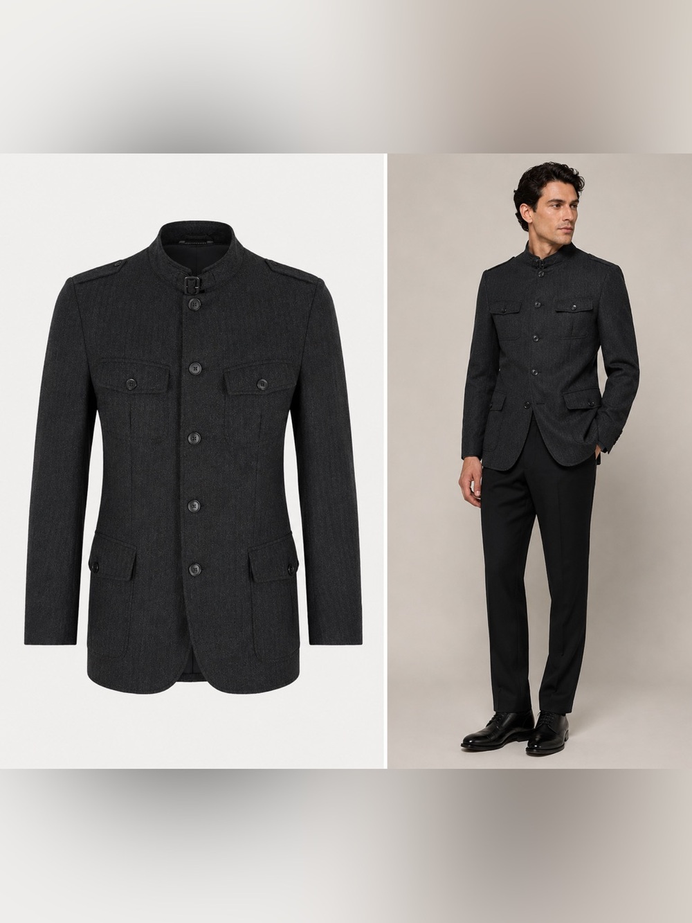 Hugo‎ Boss $450 Mens Herringbone Charcoal Gray Wool Military Style Jacket Sz 38R